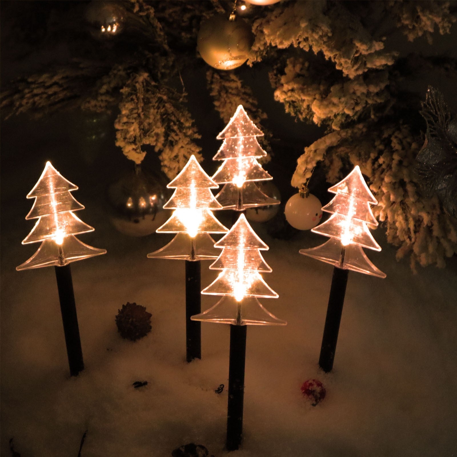 Set 5 Lampi solare LED de exterior Model Brad, pentru gradina, 35.5 cm, Alb Cald