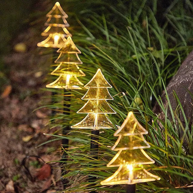 Set 5 Lampi solare LED de exterior Model Brad, pentru gradina, 35.5 cm, Alb Cald