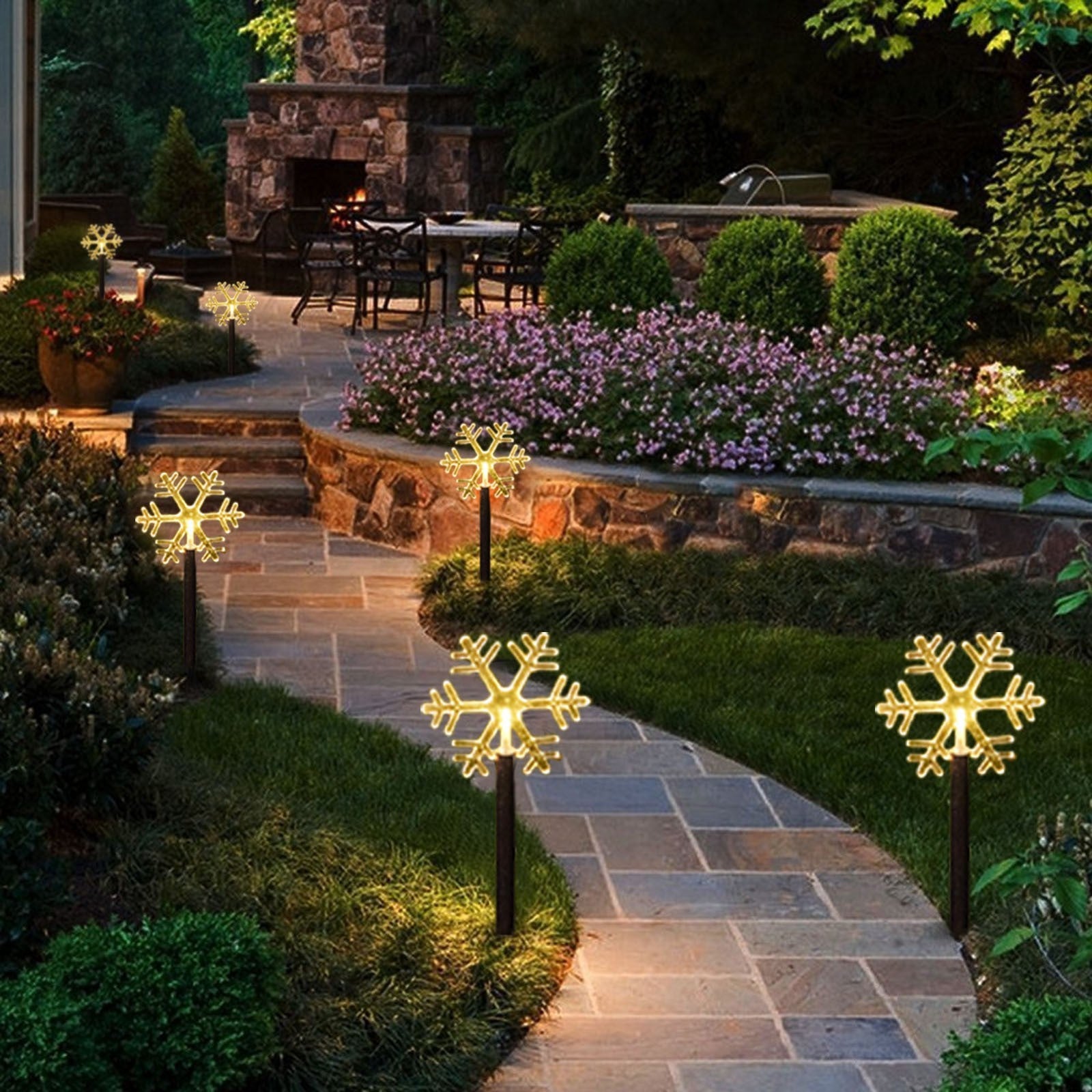 Set 5 Lampi solare LED de exterior Model Fulg de nea, pentru gradina, 35.5 cm, Alb Cald