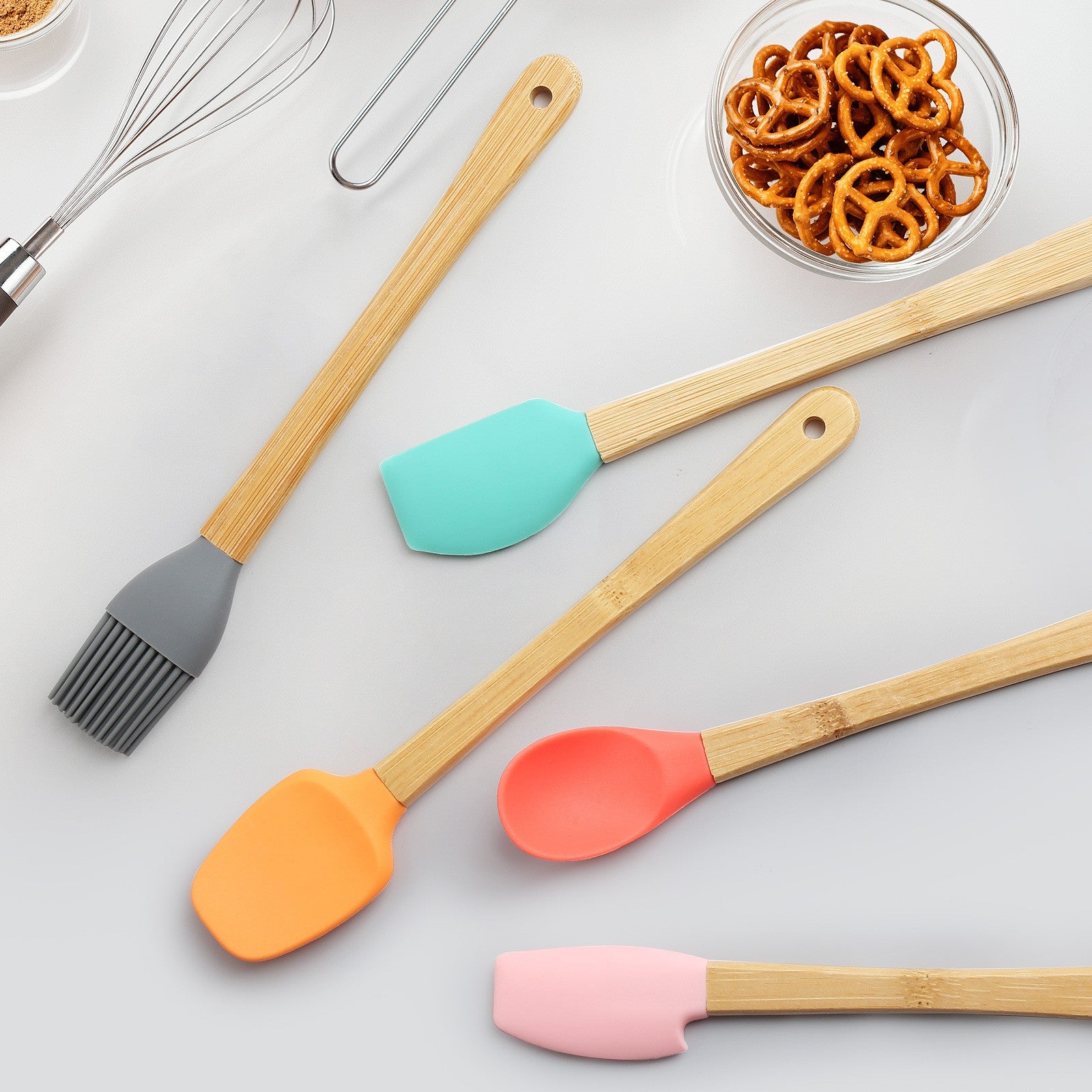 Set 5 Mini Spatule de Silicon pensula, Stejar, Multicolor