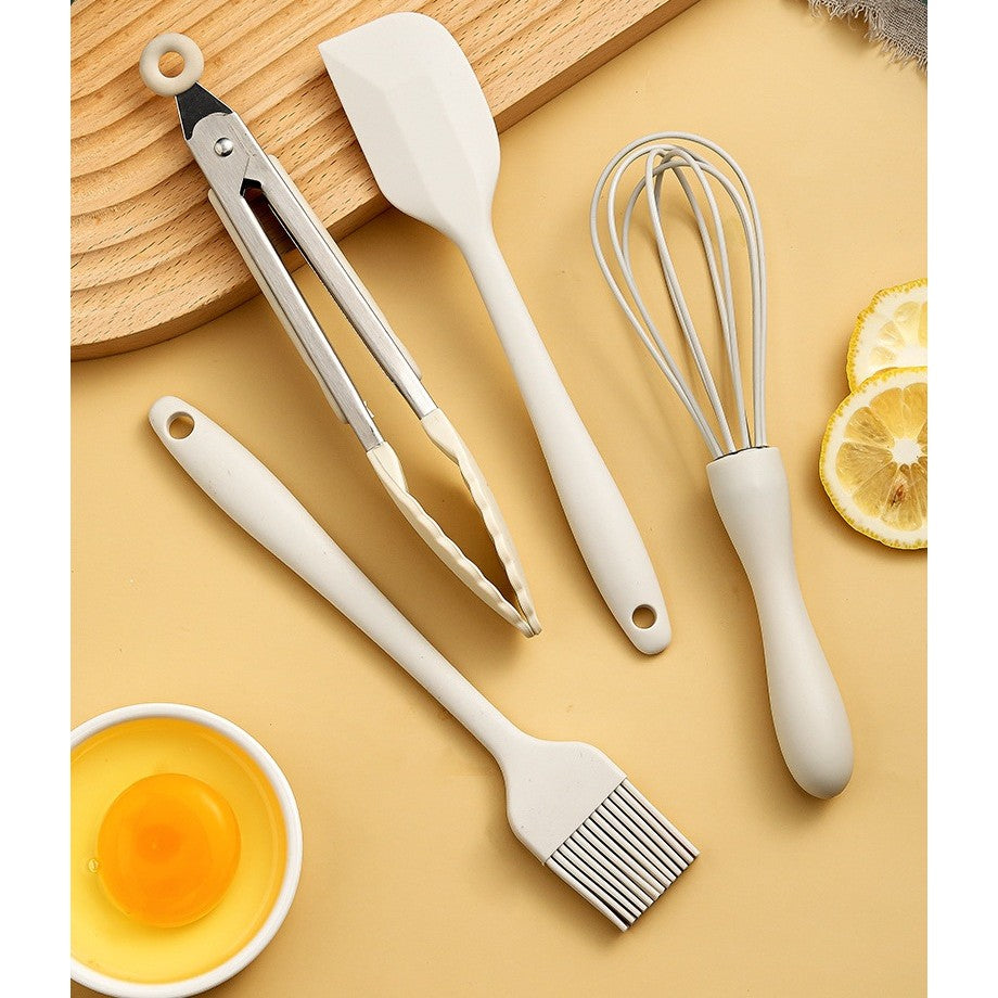 Set 5 Ustensile de Bucatarie, din Silicon+Inox, Termorezistente, Antiaderente, 28 x 26 x 2 cm, Alb Maro