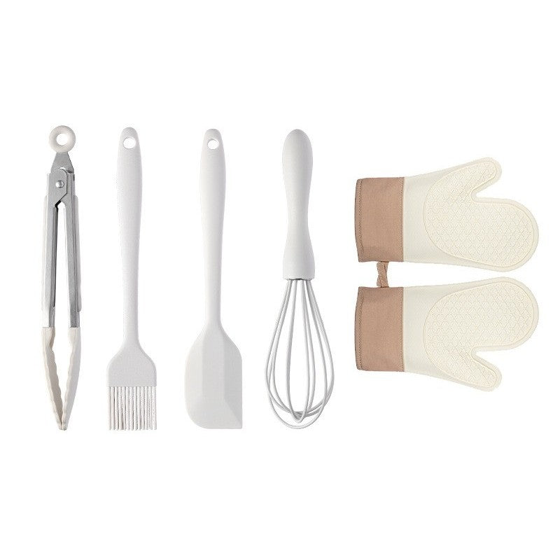 Set 5 Ustensile de Bucatarie, din Silicon+Inox, Termorezistente, Antiaderente, 28 x 26 x 2 cm, Alb Maro