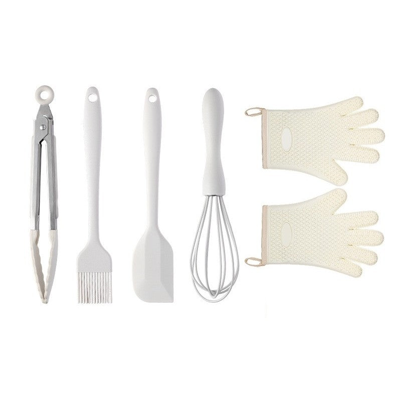 Set 5 Ustensile de Bucatarie, din Silicon+Inox, Termorezistente, Antiaderente, 28 x 26 x 2 cm, Alb Ivory