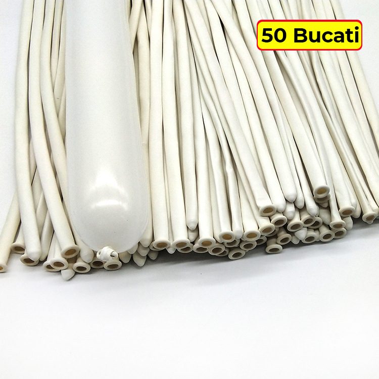 Baloane de Modelaj, Set 50 bucati, Model Standard, din Latex, 30 x 1.5 cm, 1.8 g per unitate, pana la 150 cm, Alb