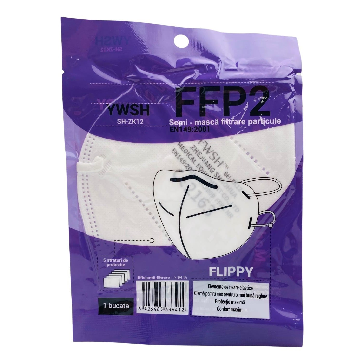 Set 50 bucati Masca de protectie faciala, ®️, de unica folosinta, FFP2 CE 2163, 5 straturi, nesterila, ambalaj individual, Alb