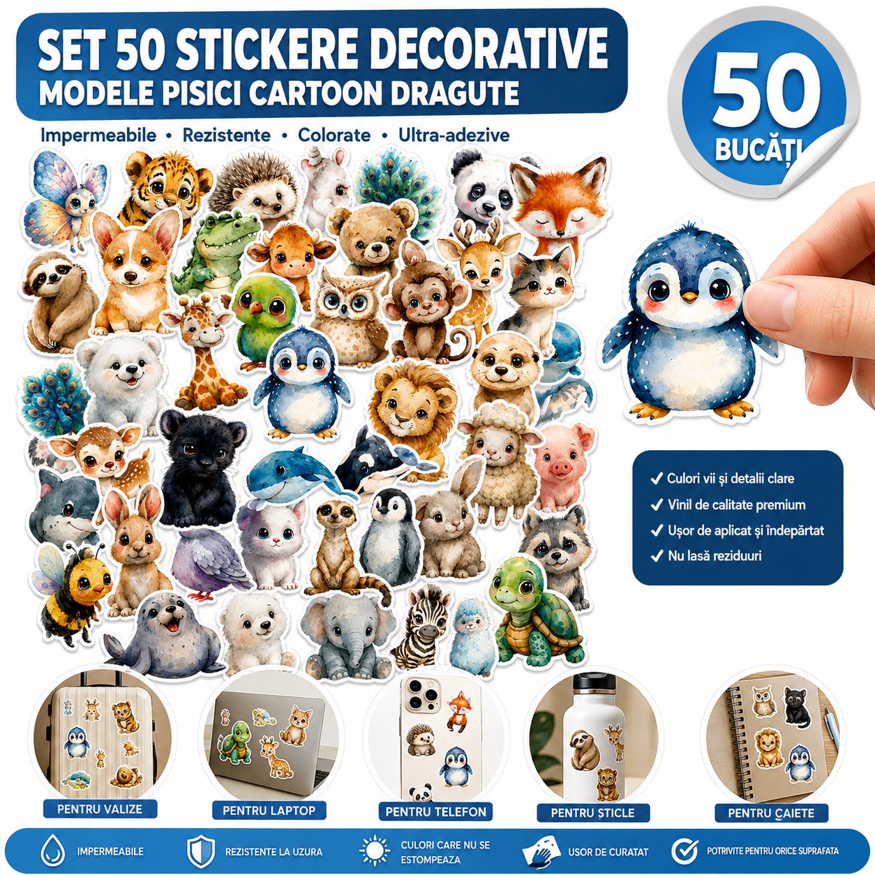 Set 50 Stickere Decorative, Modele Animale Cartoon in Stil Acuarela, Impermeabile, Aproximativ 5.27 x 5.43 cm, Multicolor