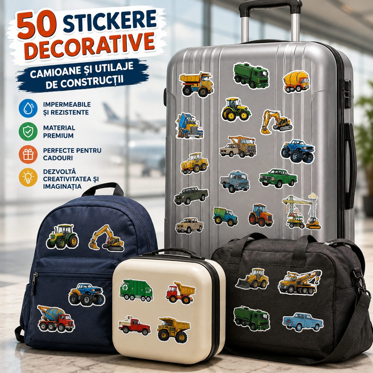 Set 50 Stickere Decorative, Modele Camioane si Utilaje de Constructii, Impermeabile, Aproximativ 5.27 x 5.42 cm, Multicolor
