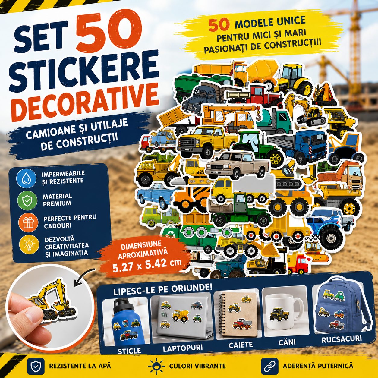 Set 50 Stickere Decorative, Modele Camioane si Utilaje de Constructii, Impermeabile, Aproximativ 5.27 x 5.42 cm, Multicolor