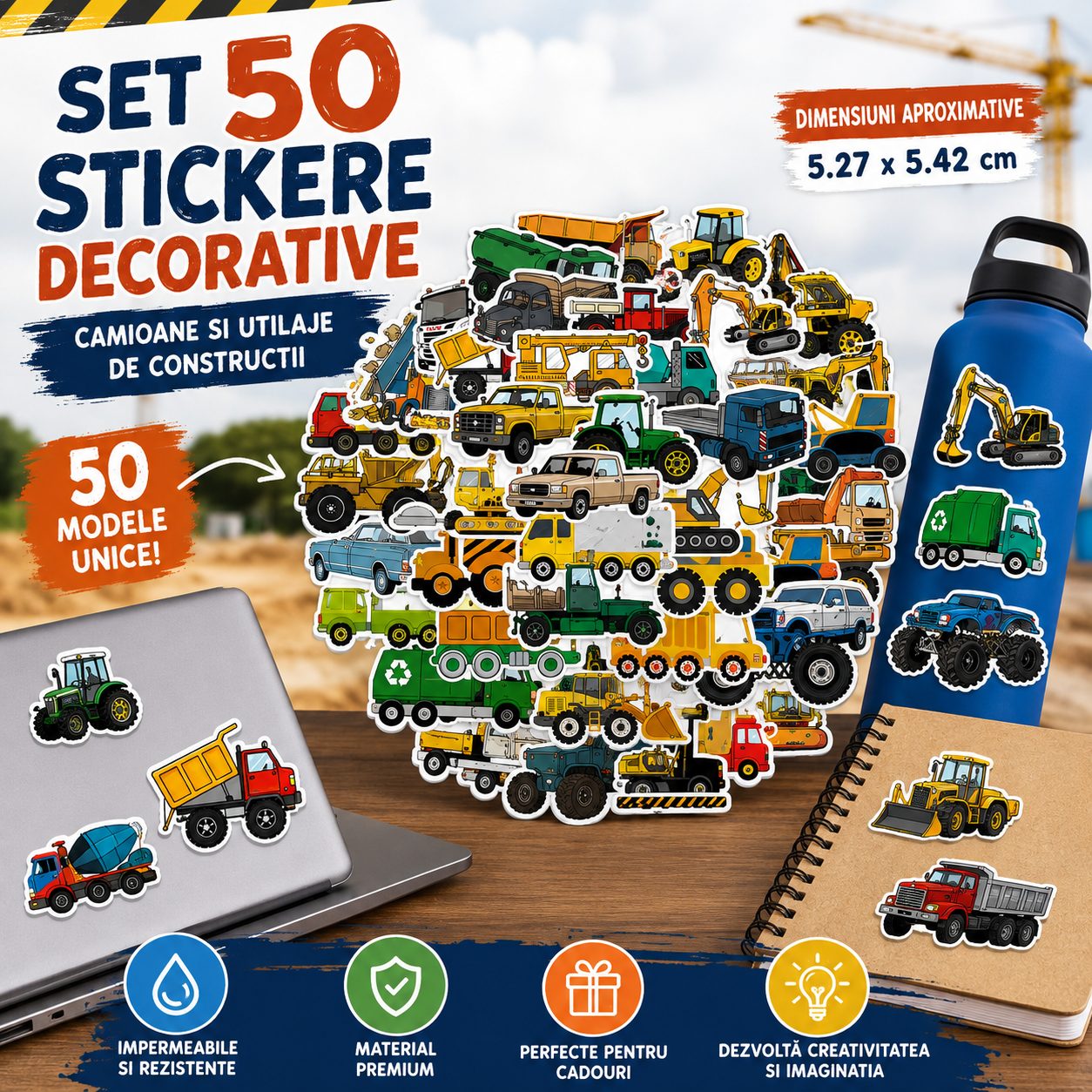 Set 50 Stickere Decorative, Modele Camioane si Utilaje de Constructii, Impermeabile, Aproximativ 5.27 x 5.42 cm, Multicolor
