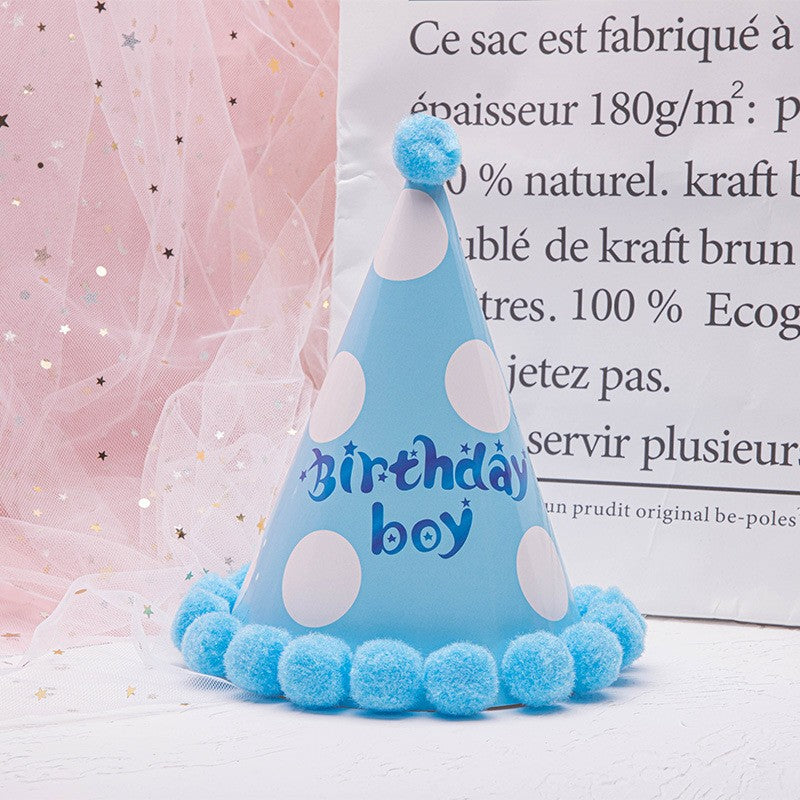 Set 6 Coifuri Birthday Boy, pentru Petrecere, Tematica Aniversare, Model cu Buline, Albastru