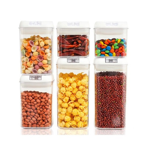 Set 6 Recipiente din Plastic, pentru Alimente/Obiecte, Inchidere Ermetica, 2 x 0.5l, 2 x 0.8l, 2 x 1.2l, Capac Alb, Transparent