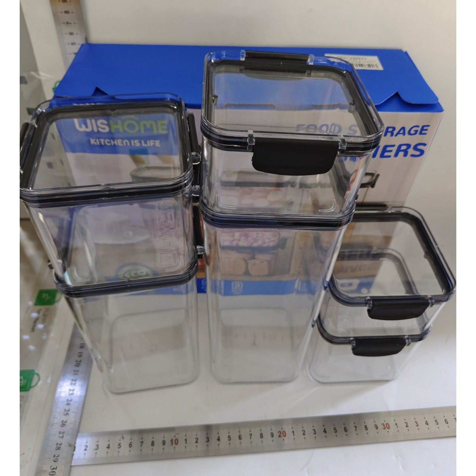 Set 6 Recipiente din Plastic, pentru Alimente/Obiecte, Inchidere Ermetica, 2 x 460 ml, 2 x 700 ml, 1 x 1300 ml, 1 x 1800 ml, Transparent