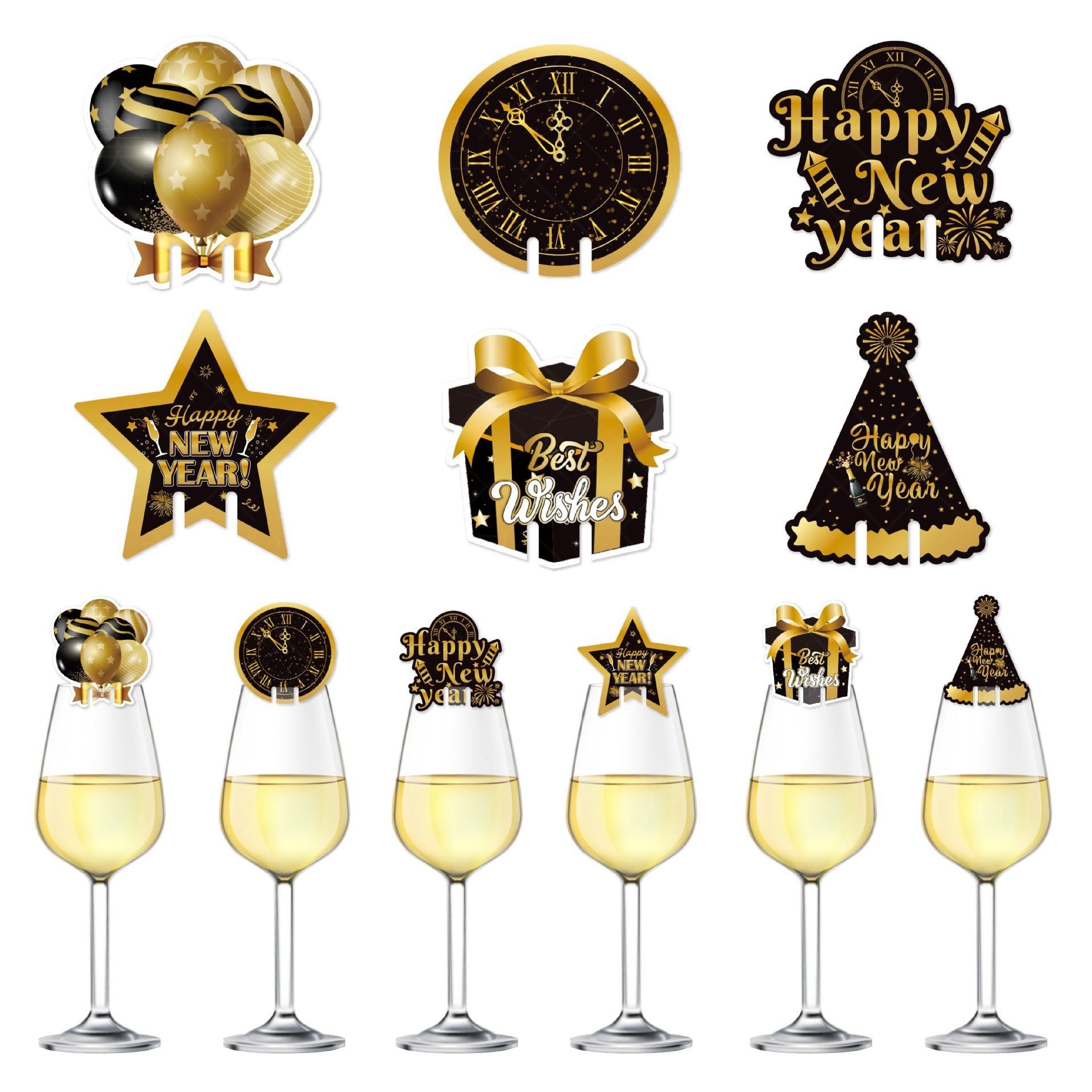 Set 6 Decoratiuni pentru Pahare de Cocktail, Tema Anul Nou, din Hartie, Multicolor