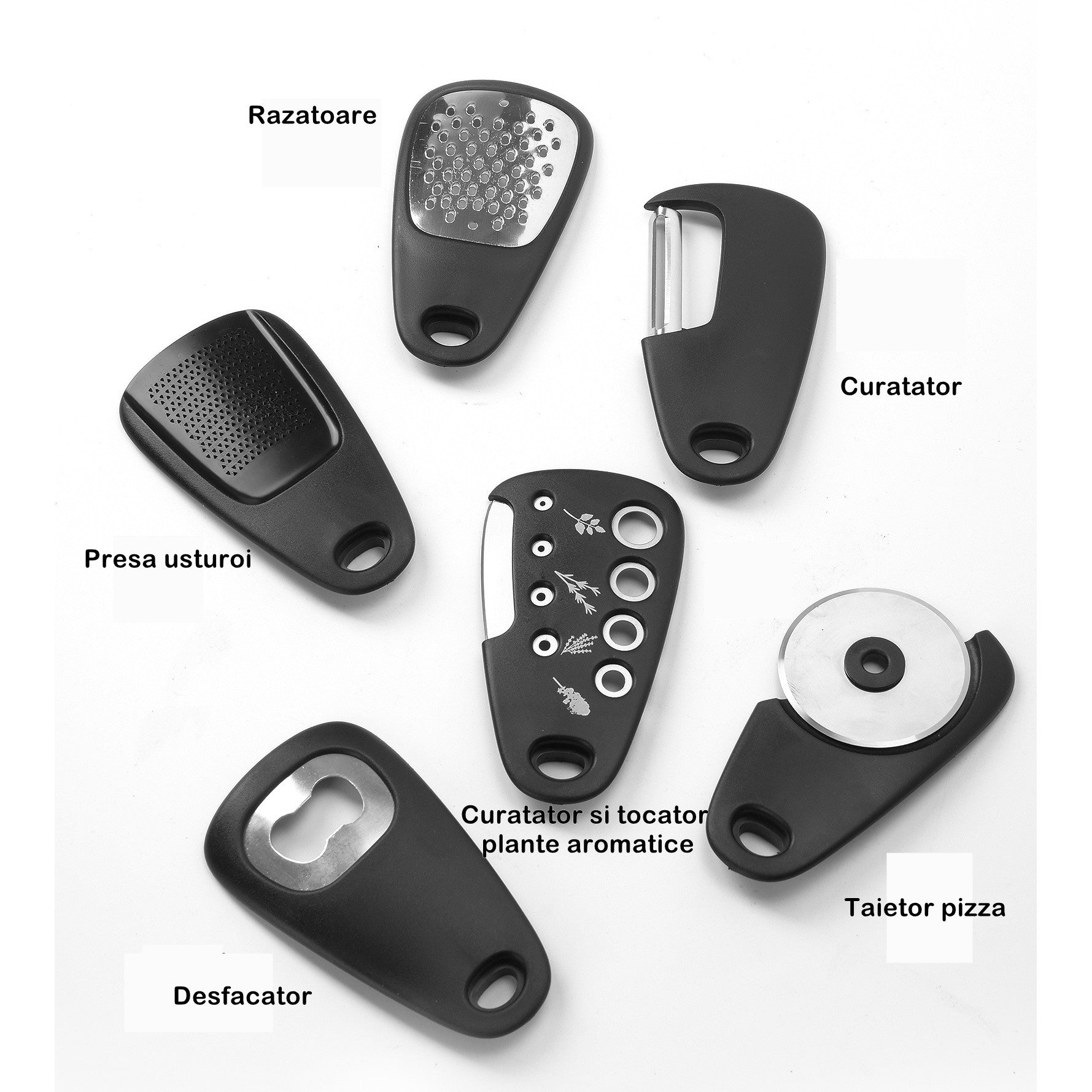 Set 6 in 1 mini ustensile bucatarie taietor pizza, cutit, curatator, razatoare, desfacator, presa usturoi, manere din ABS, lame ascutite din otel inoxidabil, 7.1 x 12.9 x 4.8 cm, negru