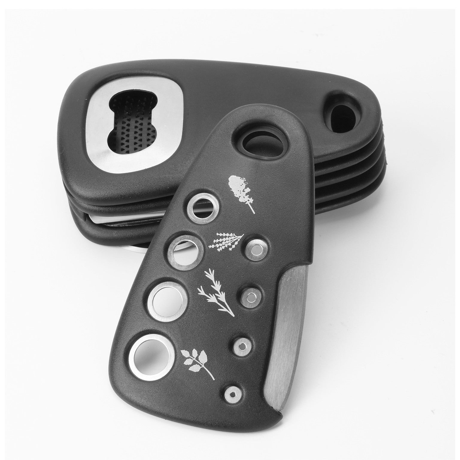Set 6 in 1 mini ustensile bucatarie taietor pizza, cutit, curatator, razatoare, desfacator, presa usturoi, manere din ABS, lame ascutite din otel inoxidabil, 7.1 x 12.9 x 4.8 cm, negru