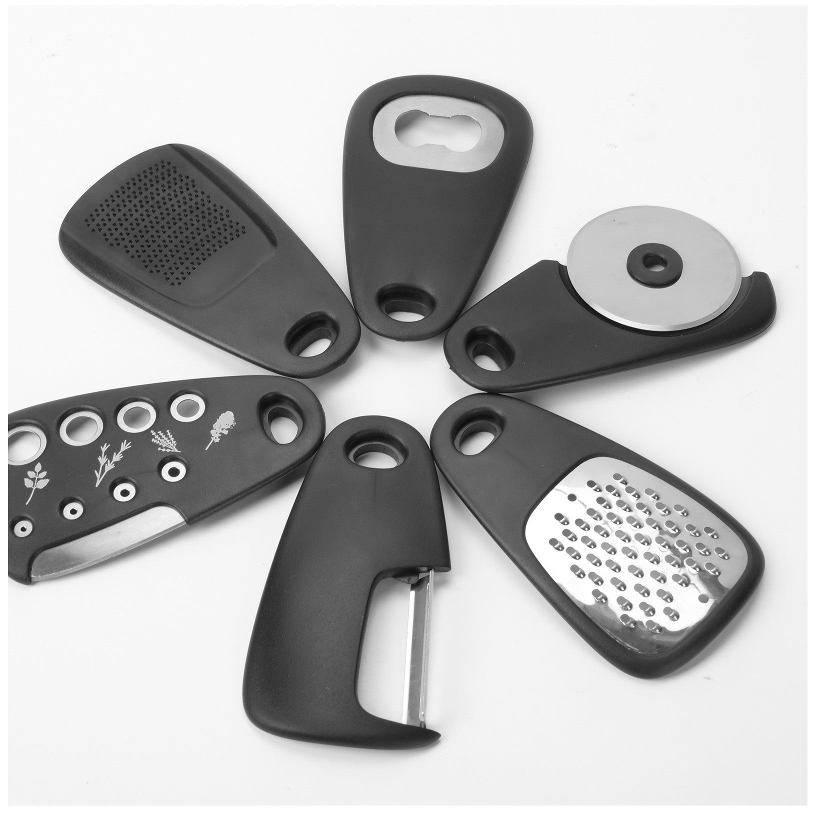 Set 6 in 1 mini ustensile bucatarie taietor pizza, cutit, curatator, razatoare, desfacator, presa usturoi, manere din ABS, lame ascutite din otel inoxidabil, 7.1 x 12.9 x 4.8 cm, negru