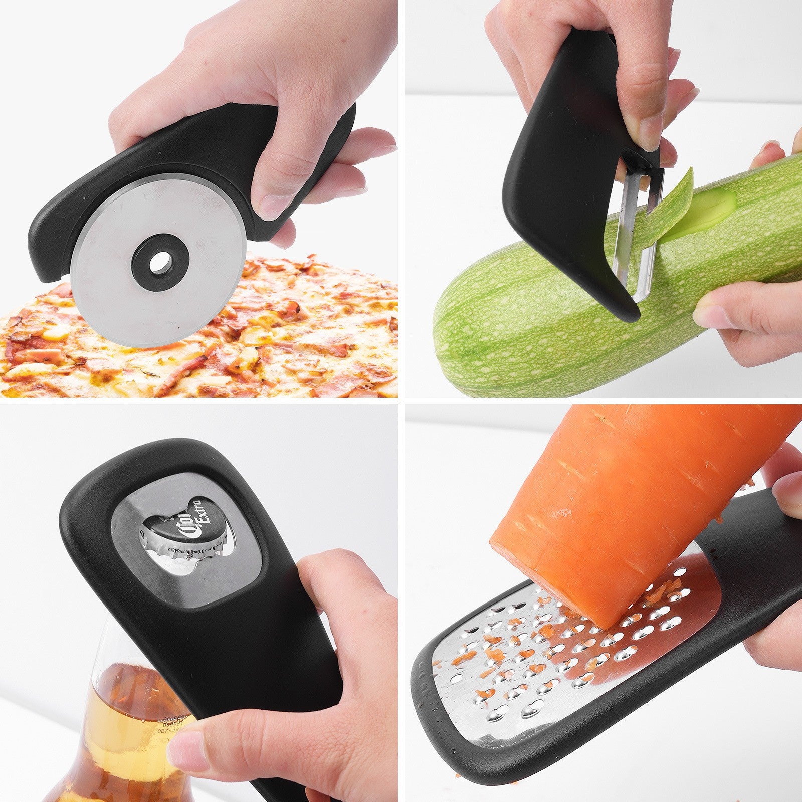Set 6 in 1 mini ustensile bucatarie taietor pizza, cutit, curatator, razatoare, desfacator, presa usturoi, manere din ABS, lame ascutite din otel inoxidabil, 7.1 x 12.9 x 4.8 cm, negru