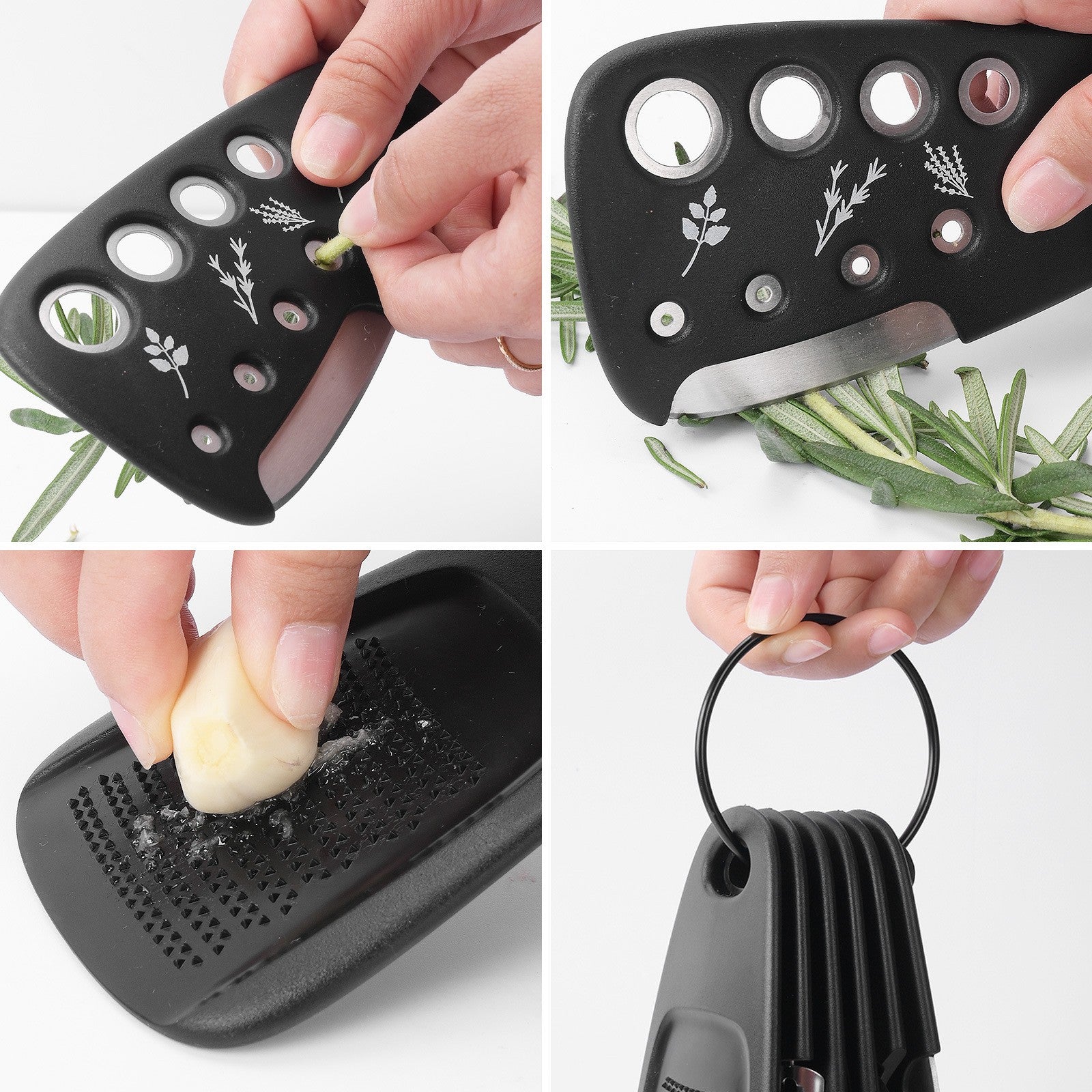 Set 6 in 1 mini ustensile bucatarie taietor pizza, cutit, curatator, razatoare, desfacator, presa usturoi, manere din ABS, lame ascutite din otel inoxidabil, 7.1 x 12.9 x 4.8 cm, negru