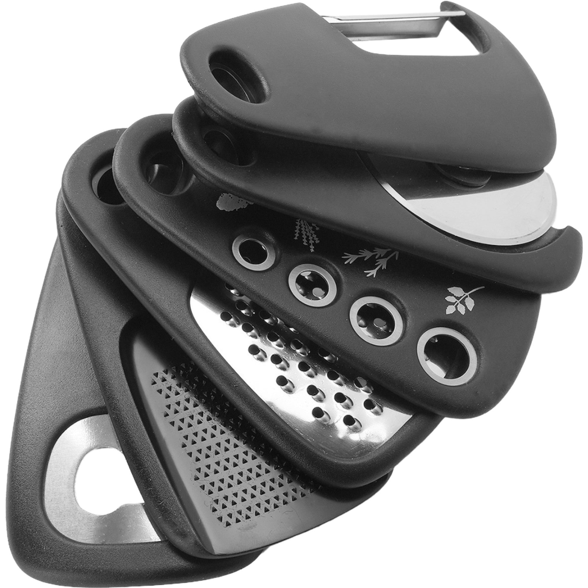 Set 6 in 1 mini ustensile bucatarie taietor pizza, cutit, curatator, razatoare, desfacator, presa usturoi, manere din ABS, lame ascutite din otel inoxidabil, 7.1 x 12.9 x 4.8 cm, negru