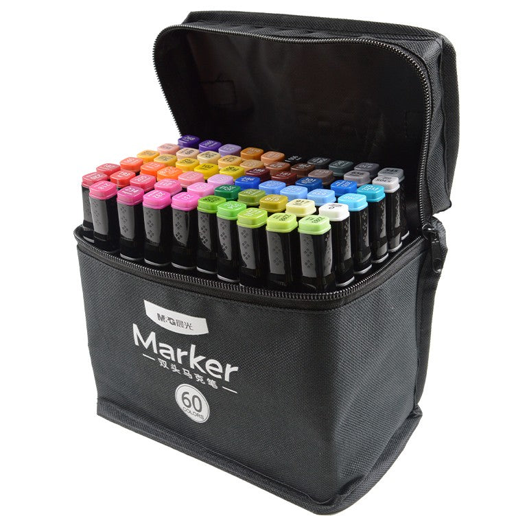 Set 60 Markere Duble, pe Baza de Alcool, Geanta Impermeabila Inclusa, Culori Numerotate, Multicolor