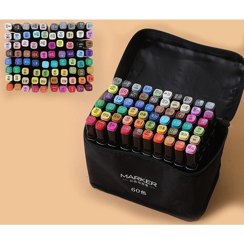 Set 60 Markere, pe Baza de Alcool, Dublu Capat, Subtire 1mm si Gros 6 mm, Geanta Depozitare, 15 cm, Multicolor