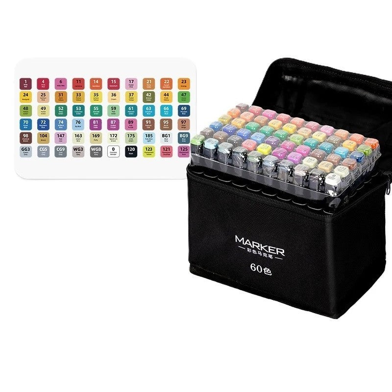 Set 60 Markere, pe Baza de Alcool, Dublu Capat, Subtire 1mm si Gros 6 mm, Geanta Depozitare, 15 cm, Multicolor