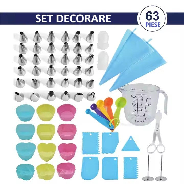 Set 63 Piese Ustensile pentru Ornare Prajituri, din Plastic si Otel Inoxidabil, Forme Briose, Multicolor
