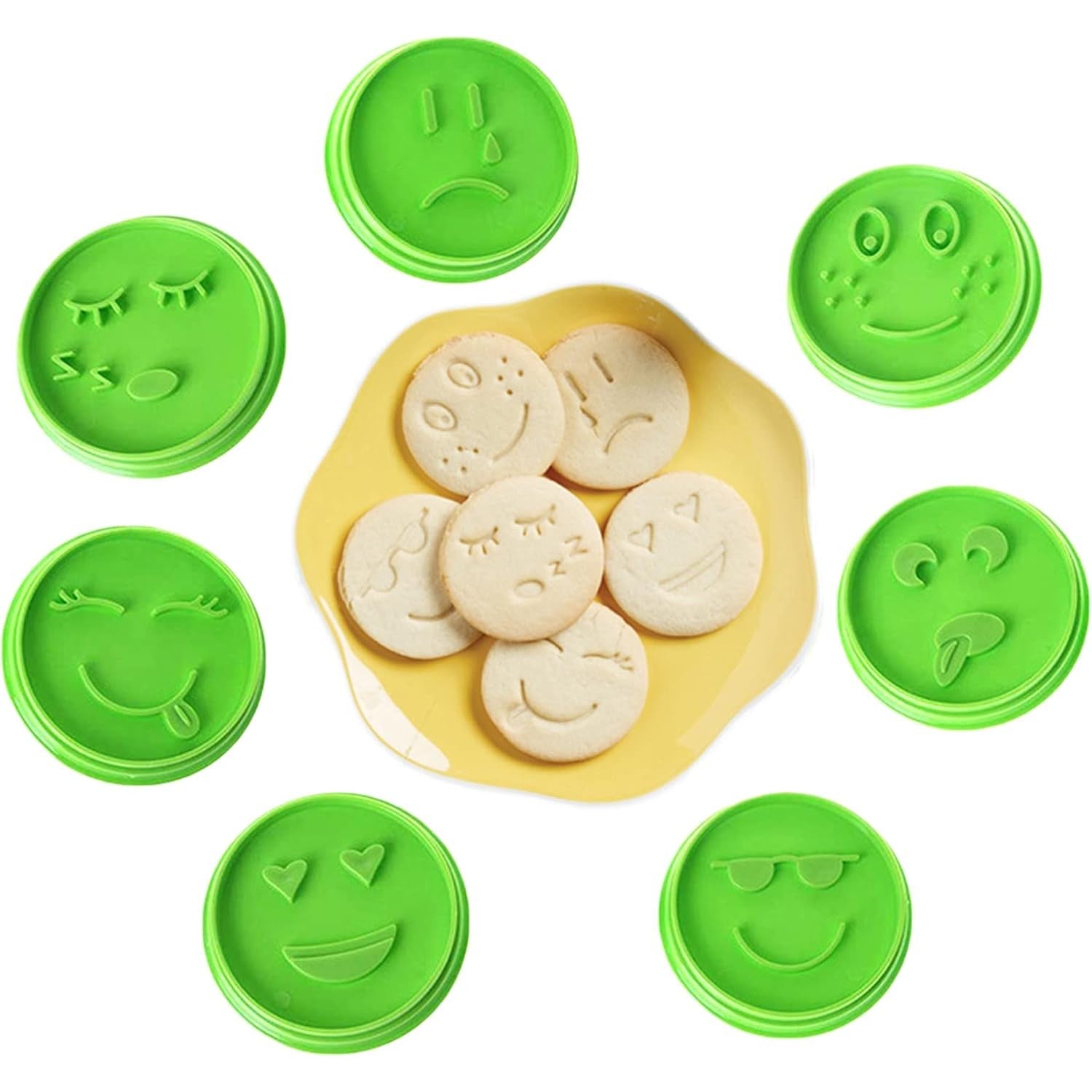 Set 7 Forme de Prajituri, Model Emoticoane Smiley Face, Diferite Expresii, 7.7 x 1.5 cm, din PP, Verde
