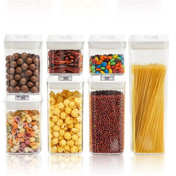 Set 7 Recipiente din Plastic, pentru Alimente/Obiecte, Inchidere Ermetica, 2 x 0.5l, 2 x 0.8l, 2 x 1.2l, 1 x 1.9 l, Capac Alb, Transparent