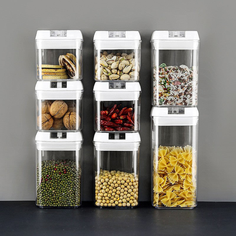 Set 7 Recipiente din Plastic, pentru Alimente/Obiecte, Inchidere Ermetica, 2 x 0.5l, 2 x 0.8l, 2 x 1.2l, 1 x 1.9 l, Capac Alb, Transparent