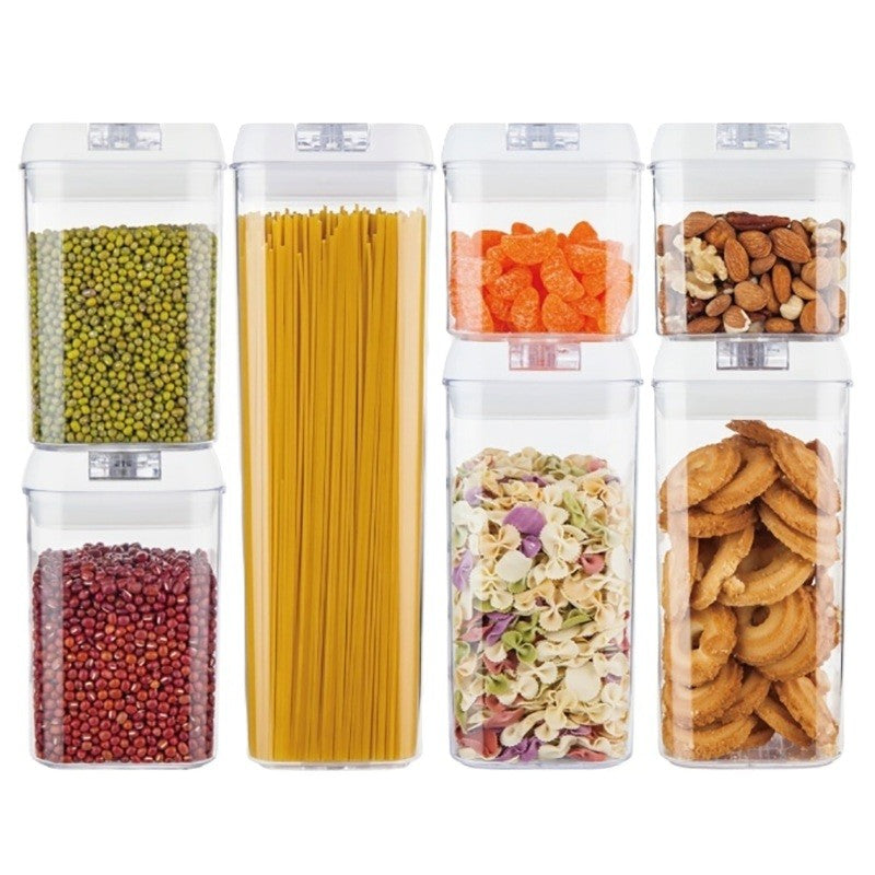 Set 7 Recipiente din Plastic, pentru Alimente/Obiecte, Inchidere Ermetica, 2 x 0.5l, 2 x 0.8l, 2 x 1.2l, 1 x 1.9 l, Capac Alb, Transparent