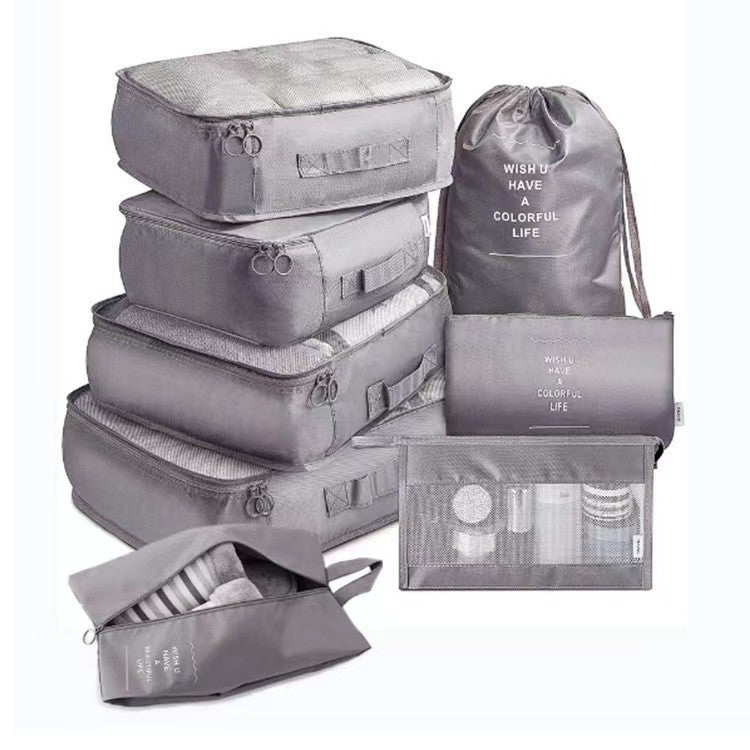 Set 8 huse organizare bagaj material poliester, impermeabil, cu fermoar, pentru calatorii sau dulap, sac pentru pantofi inclus, pliabil, gri