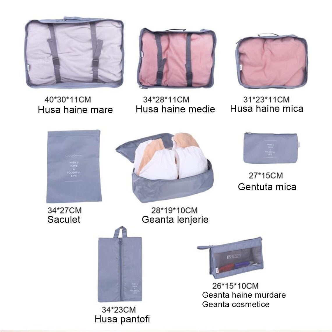 Set 8 huse organizare bagaj material poliester, impermeabil, cu fermoar, pentru calatorii sau dulap, sac pentru pantofi inclus, pliabil, gri