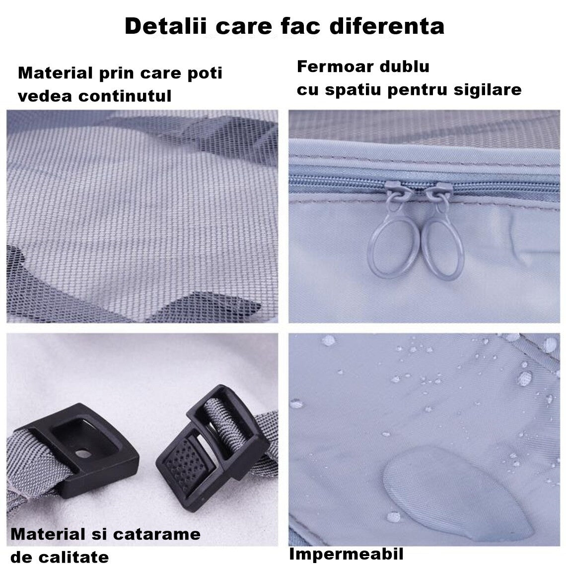 Set 8 huse organizare bagaj material poliester, impermeabil, cu fermoar, pentru calatorii sau dulap, sac pentru pantofi inclus, pliabil, gri