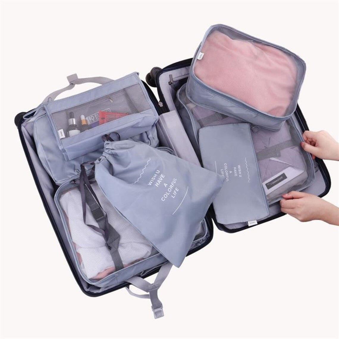 Set 8 huse organizare bagaj material poliester, impermeabil, cu fermoar, pentru calatorii sau dulap, sac pentru pantofi inclus, pliabil, gri