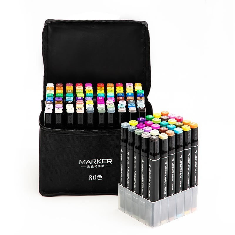 Set 80 Markere, pe Baza de Alcool, Dublu Capat, Subtire 1mm si Gros 6 mm, Geanta Depozitare, 15 cm, Multicolor