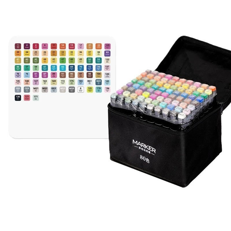 Set 80 Markere, pe Baza de Alcool, Dublu Capat, Subtire 1mm si Gros 6 mm, Geanta Depozitare, 15 cm, Multicolor