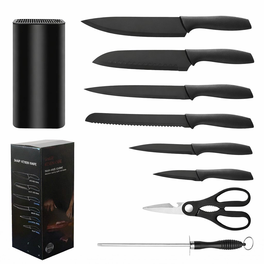 Cutite Bucatarie, Set 9 Piese, Otel Inoxidabil cu Acoperire Antiaderenta, Suport Depozitare Inclus, 6 Cutite, Tija Ascutire si Foarfeca Bucatarie, 31 x 10 x 10 cm, Negru