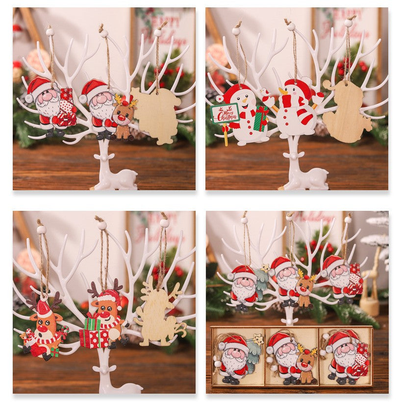 Set 9 Decoratiuni de Craciun din Lemn, cu Snur pentru Agatare in Brad, 3 Modele, Model Mos Craciun cu Brad, Ren si Cadouri, Diferite Dimensiuni, Multicolor