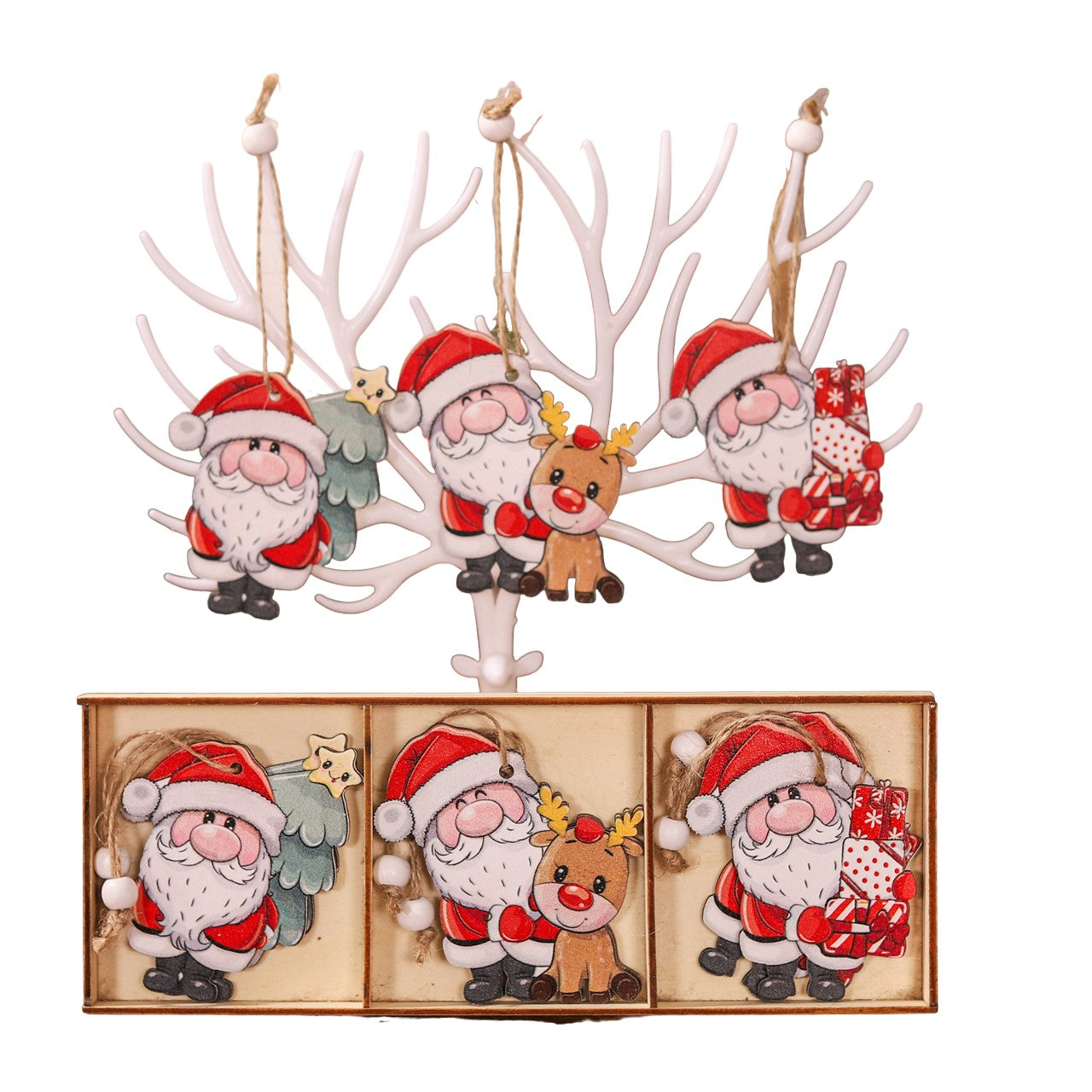 Set 9 Decoratiuni de Craciun din Lemn, cu Snur pentru Agatare in Brad, 3 Modele, Model Mos Craciun cu Brad, Ren si Cadouri, Diferite Dimensiuni, Multicolor