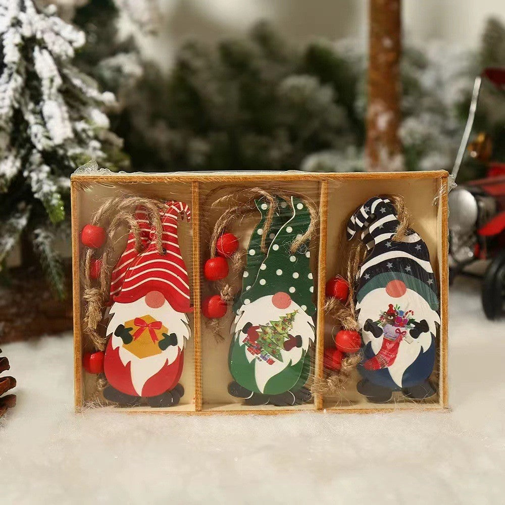 Set 9 Decoratiuni de Craciun din Lemn, cu Snur pentru Agatare in Brad, 3 Modele Mos Craciun Diferite Dimensiuni, Multicolor
