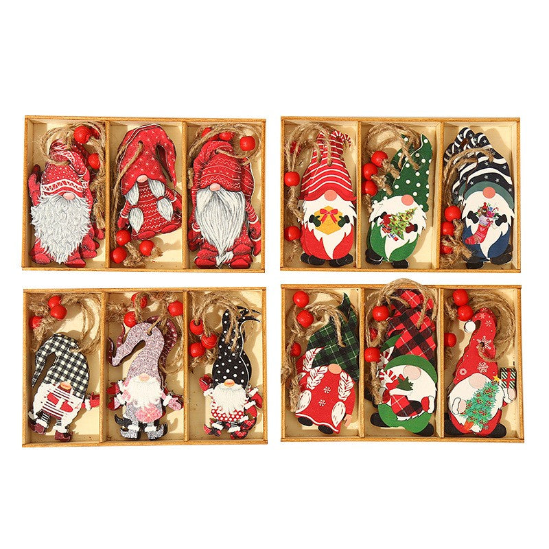 Set 9 Decoratiuni de Craciun din Lemn, cu Snur pentru Agatare in Brad, 3 Modele Mos Craciun Diferite Dimensiuni, Multicolor
