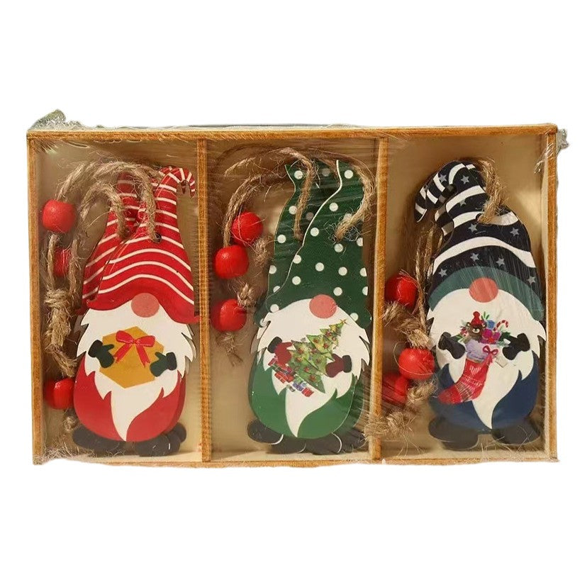 Set 9 Decoratiuni de Craciun din Lemn, cu Snur pentru Agatare in Brad, 3 Modele Mos Craciun Diferite Dimensiuni, Multicolor