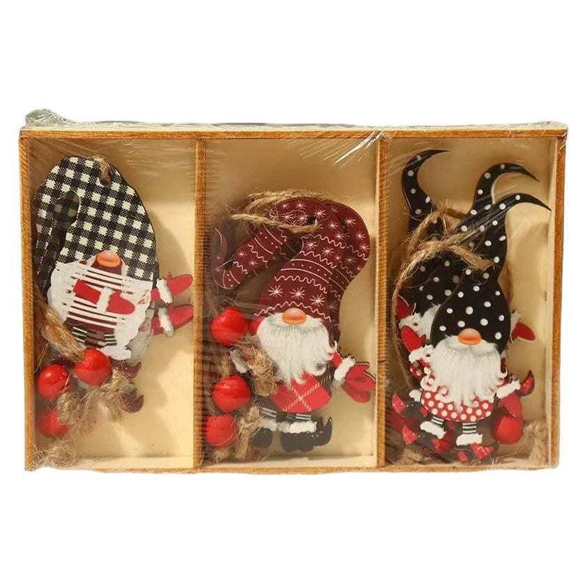 Set 9 Decoratiuni de Craciun din Lemn, cu Snur pentru Agatare in Brad, Model Mos Craciun Diferite Dimensiuni, 3 Modele, Multicolor