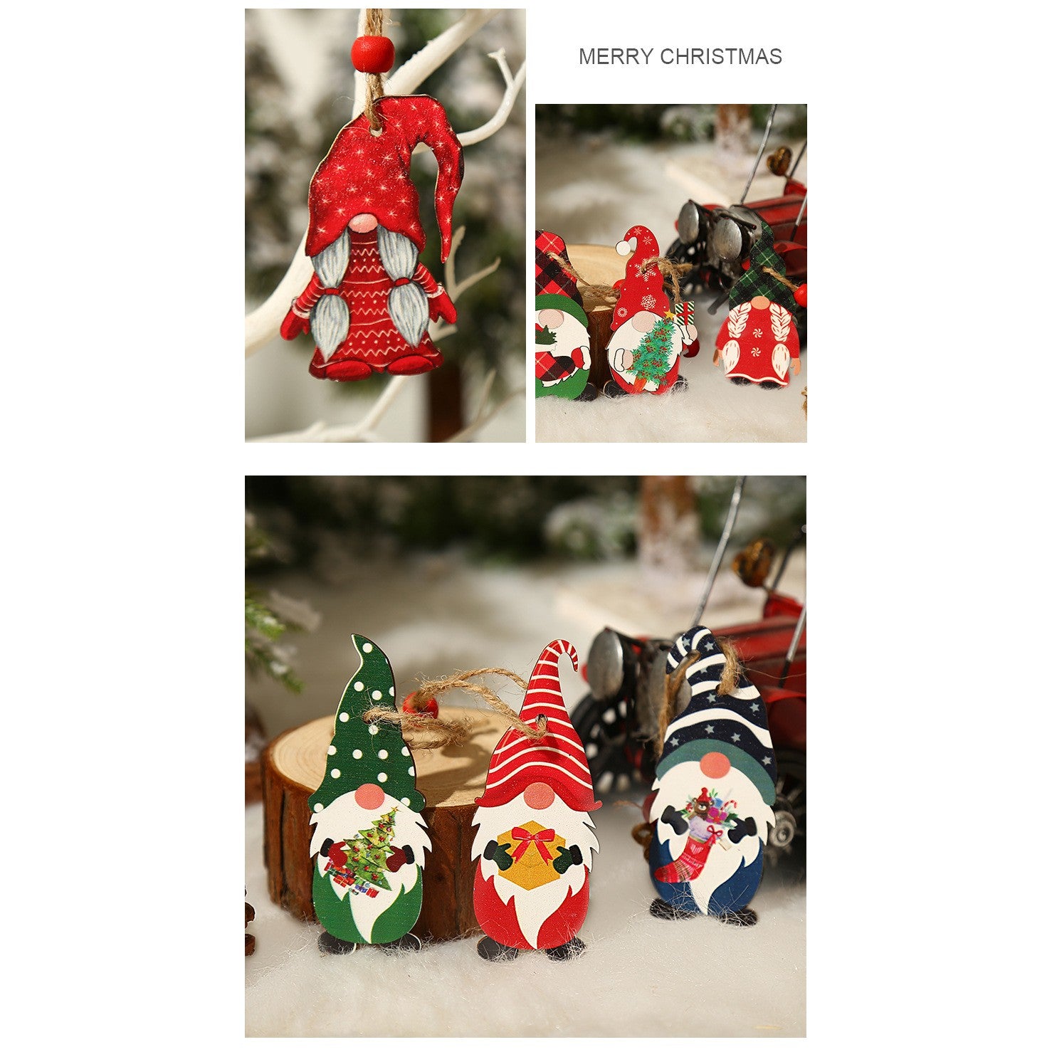 Set 9 Decoratiuni de Craciun din Lemn, Flippy, cu Snur pentru Agatare in Brad, Model Mos Craciun Pitic Diferite Dimensiuni, 3 Modele, Multicolor