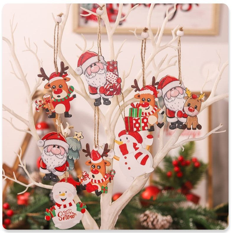 Set 9 Decoratiuni de Craciun din Lemn, cu Snur pentru Agatare in Brad, Model Oameni de Zapada, 3 Modele, Diferite Dimensiuni, Multicolor