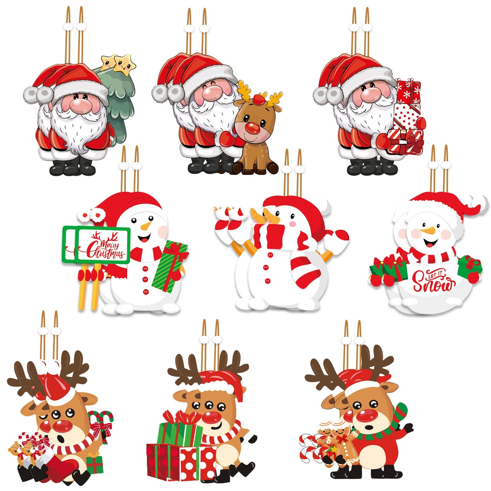Set 9 Decoratiuni de Craciun din Lemn, cu Snur pentru Agatare in Brad, Model Oameni de Zapada, 3 Modele, Diferite Dimensiuni, Multicolor