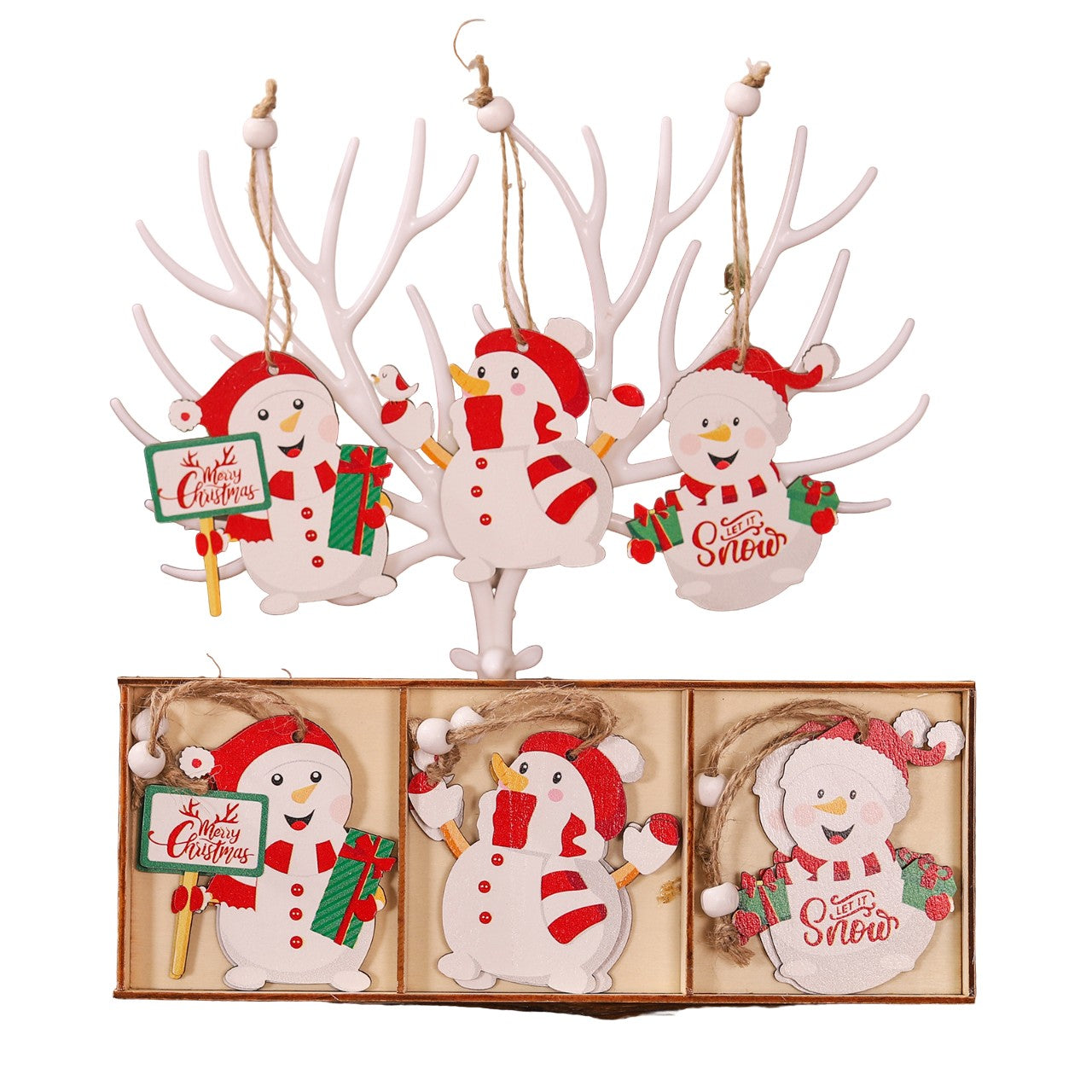 Set 9 Decoratiuni de Craciun din Lemn, cu Snur pentru Agatare in Brad, Model Oameni de Zapada, 3 Modele, Diferite Dimensiuni, Multicolor