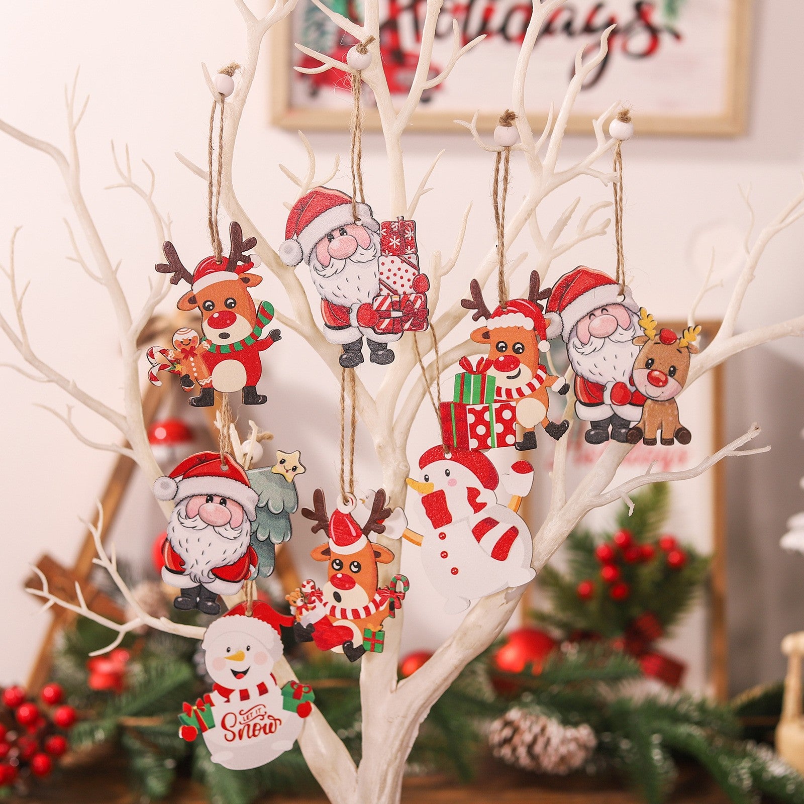 Set 9 Decoratiuni de Craciun din Lemn, cu Snur pentru Agatare in Brad, Model Reni, 3 Modele, Diferite Dimensiuni, Multicolor