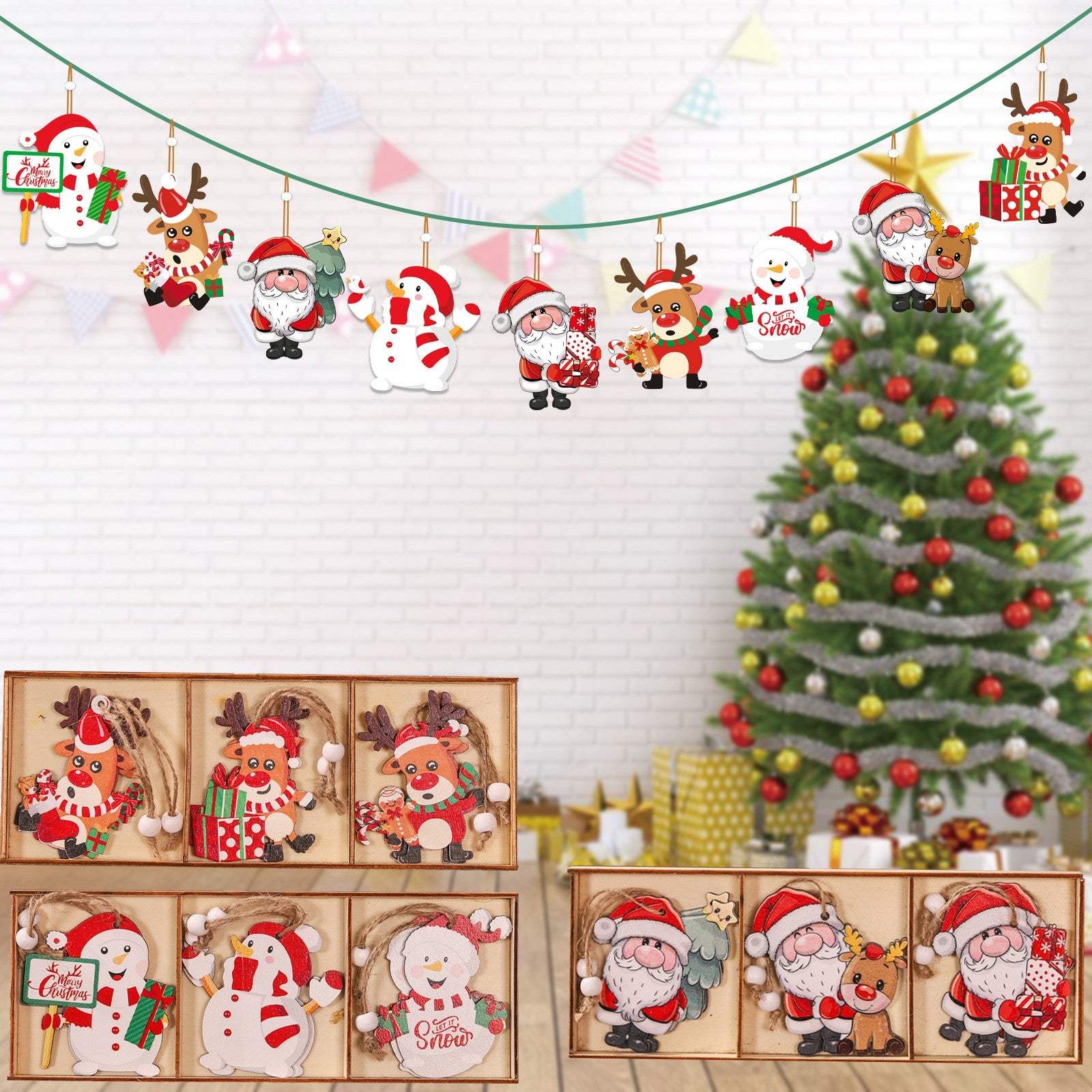 Set 9 Decoratiuni de Craciun din Lemn, cu Snur pentru Agatare in Brad, Model Reni, 3 Modele, Diferite Dimensiuni, Multicolor